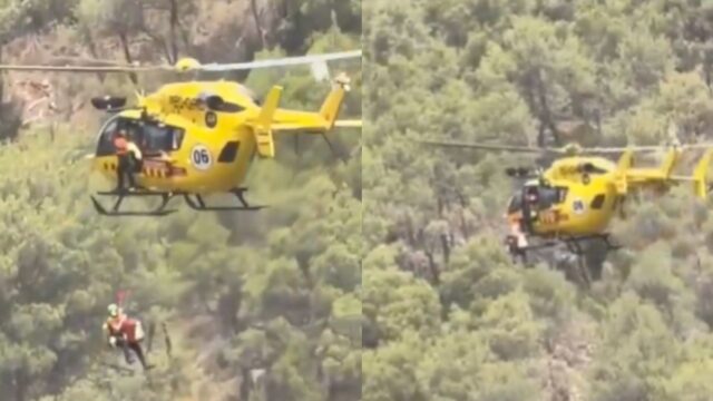 Helicòpter recollint dues persones a la B-124 a l'altura de l'aire sol a Castellar del Vallès.